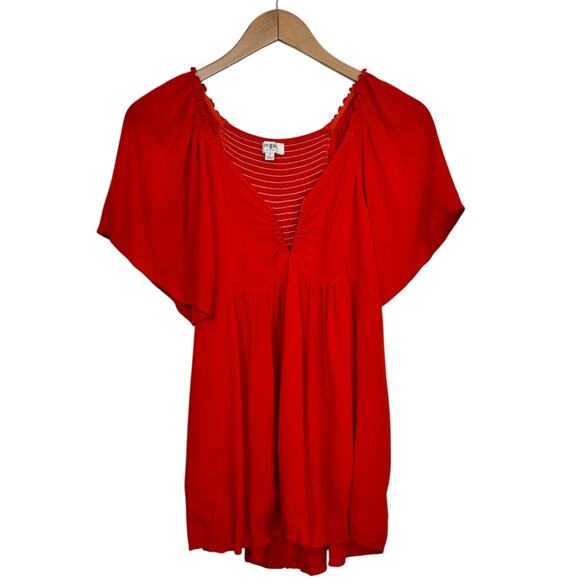 Umgee Vibrant Red/Orange V-Neck Flutter Sleeve Babydoll Top Size Small - Picture 9 of 9